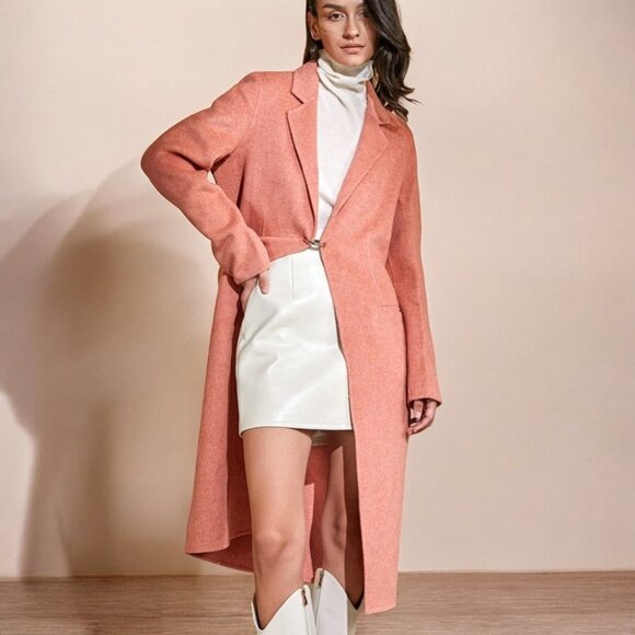 NWT J.ING Salmon 100% Wool Notched Collar Longline Coat